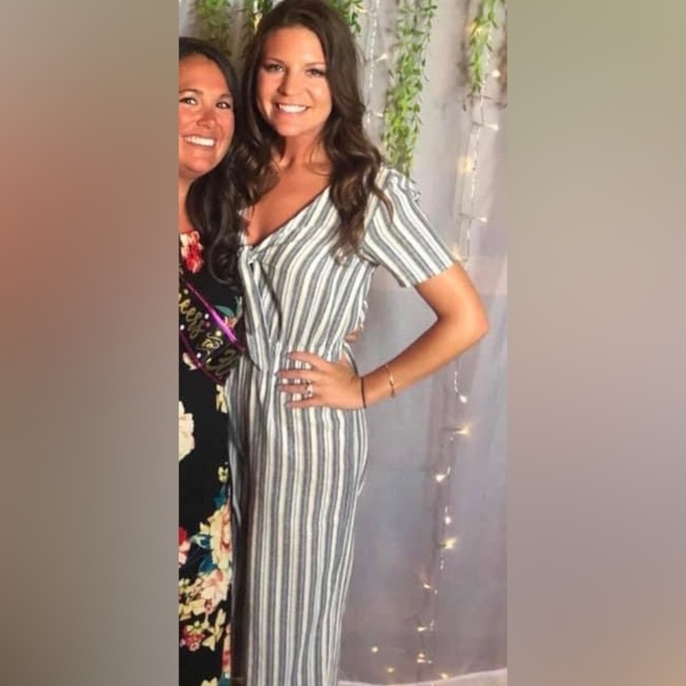 Short sleeve linen white and blue striped jumpsuit